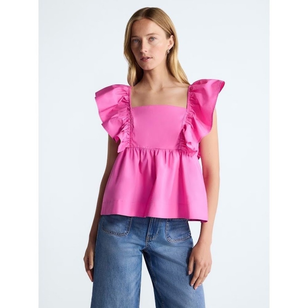 Free Assembly Pink Cotton Square Neck Flutter Sleeve Smocked Top Small NWT